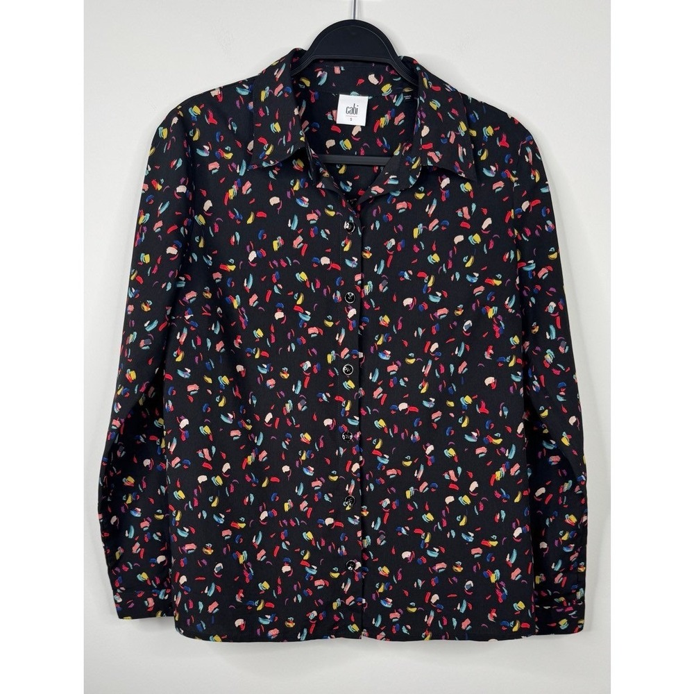 cabi Womens S Black Multicolor Brushstroke Print Button Up Blouse Long Sleeve